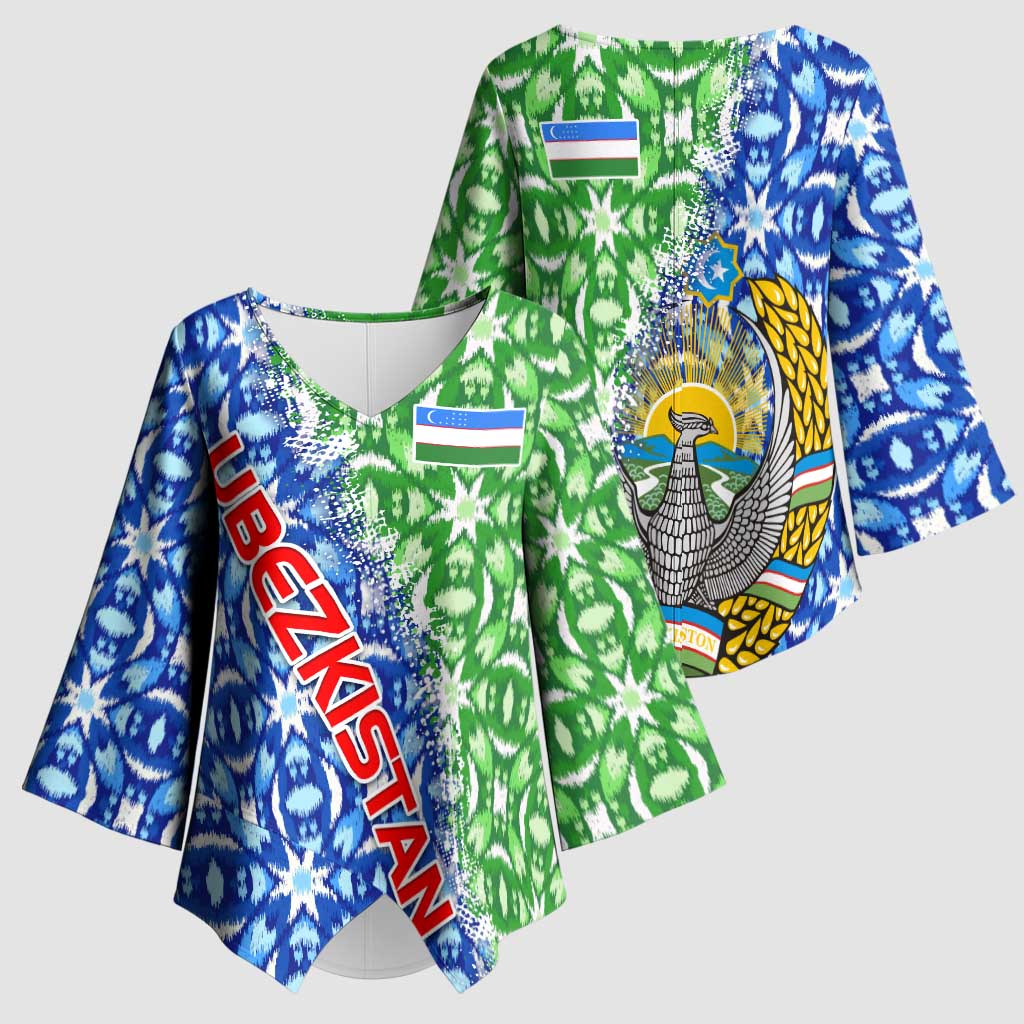 Uzbekistan Kimono Sleeve Blouse with Ikat Pattern and National Coat of Arms Design - Wonder Print Shop