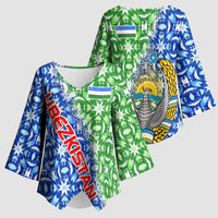 Uzbekistan Kimono Sleeve Blouse with Ikat Pattern and National Coat of Arms Design - Wonder Print Shop