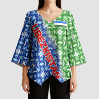 Uzbekistan Kimono Sleeve Blouse with Ikat Pattern and National Coat of Arms Design - Wonder Print Shop