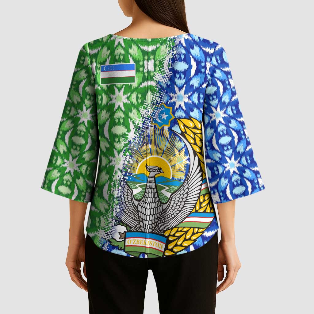 Uzbekistan Kimono Sleeve Blouse with Ikat Pattern and National Coat of Arms Design - Wonder Print Shop