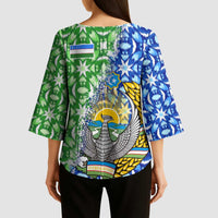 Uzbekistan Kimono Sleeve Blouse with Ikat Pattern and National Coat of Arms Design - Wonder Print Shop