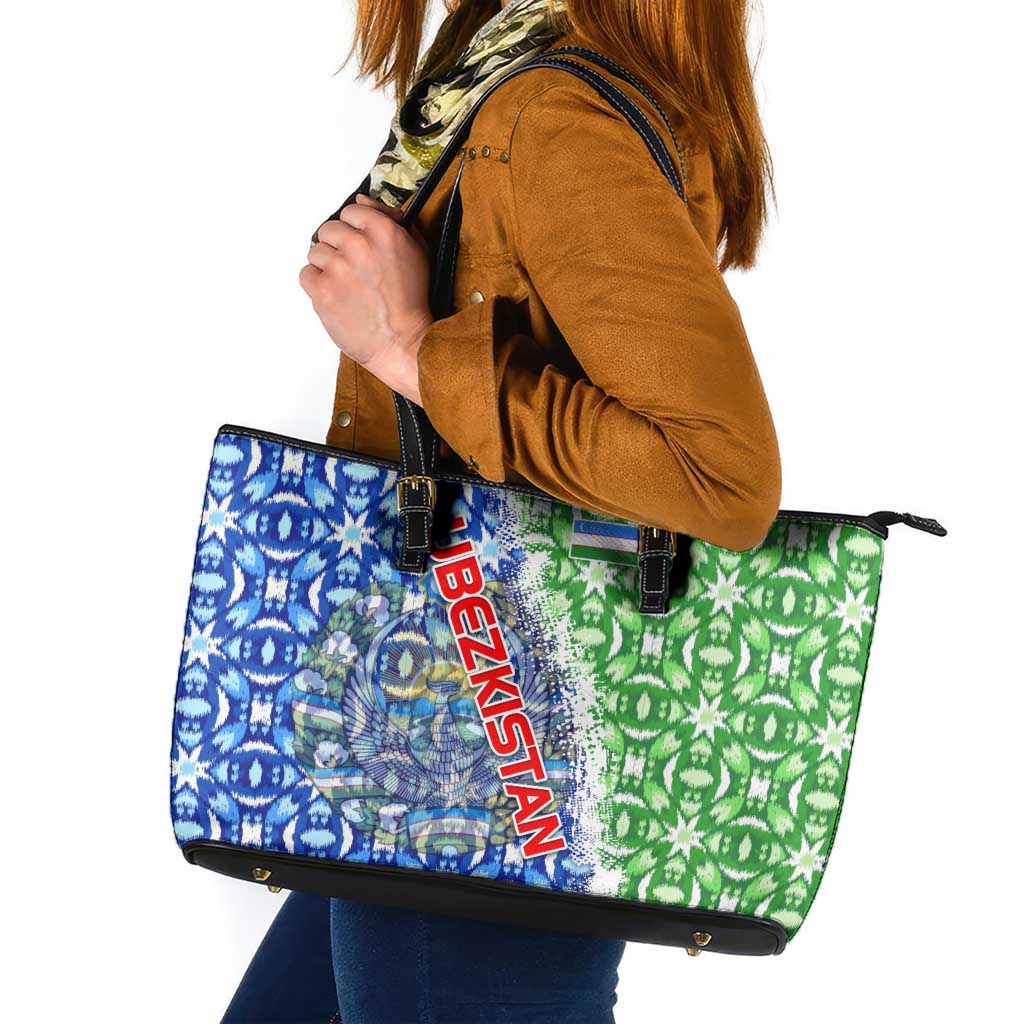 Uzbekistan Leather Tote Bag with Ikat Pattern and National Coat of Arms Design - Wonder Print Shop
