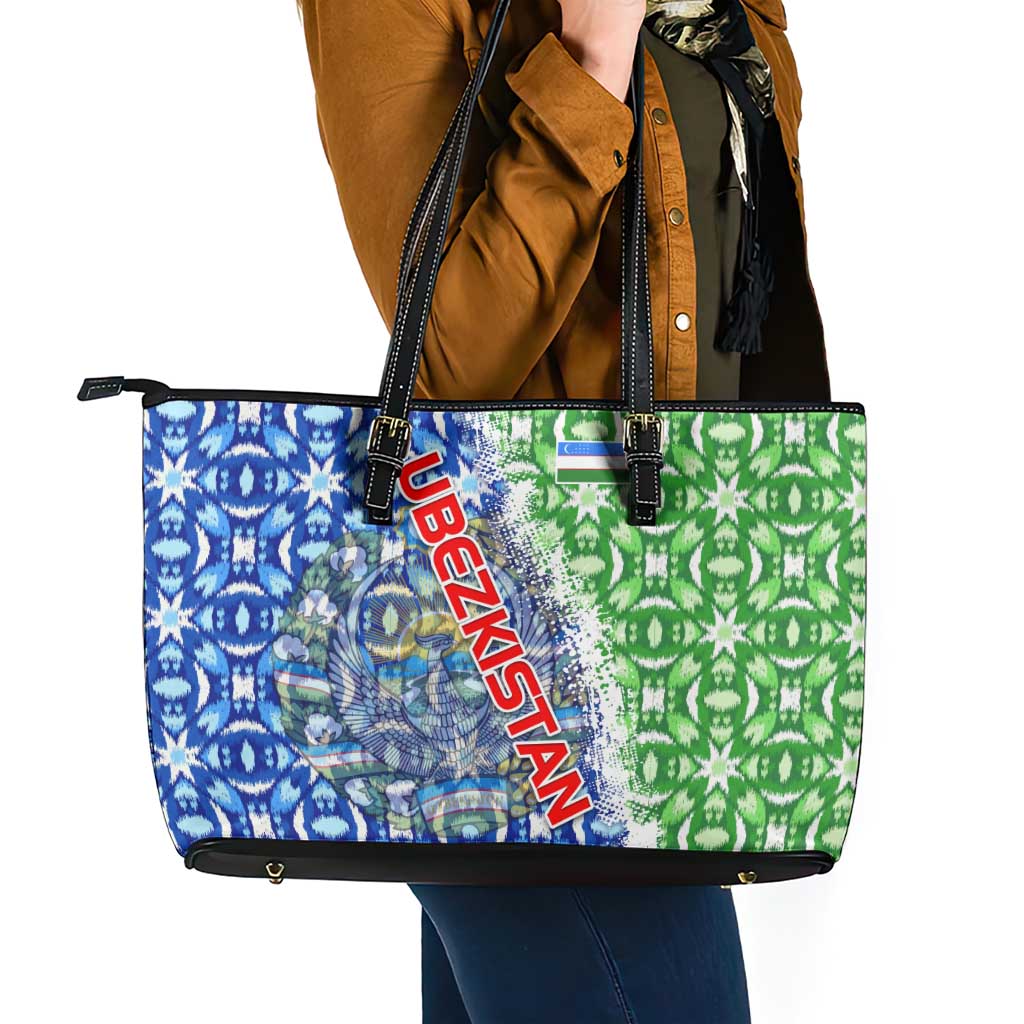 Uzbekistan Leather Tote Bag with Ikat Pattern and National Coat of Arms Design - Wonder Print Shop