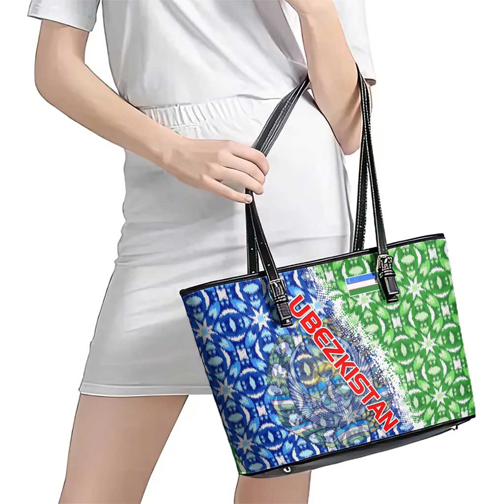 Uzbekistan Leather Tote Bag with Ikat Pattern and National Coat of Arms Design - Wonder Print Shop