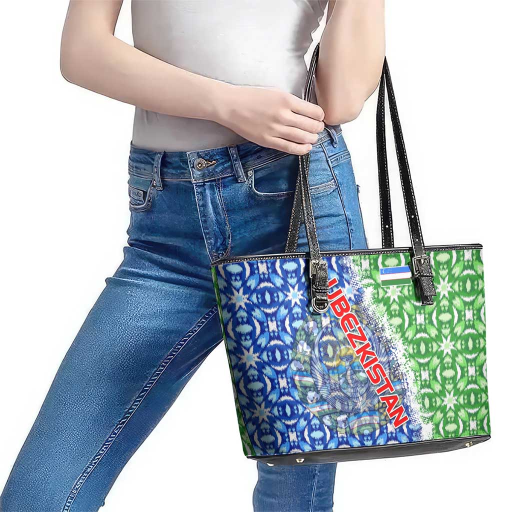 Uzbekistan Leather Tote Bag with Ikat Pattern and National Coat of Arms Design - Wonder Print Shop