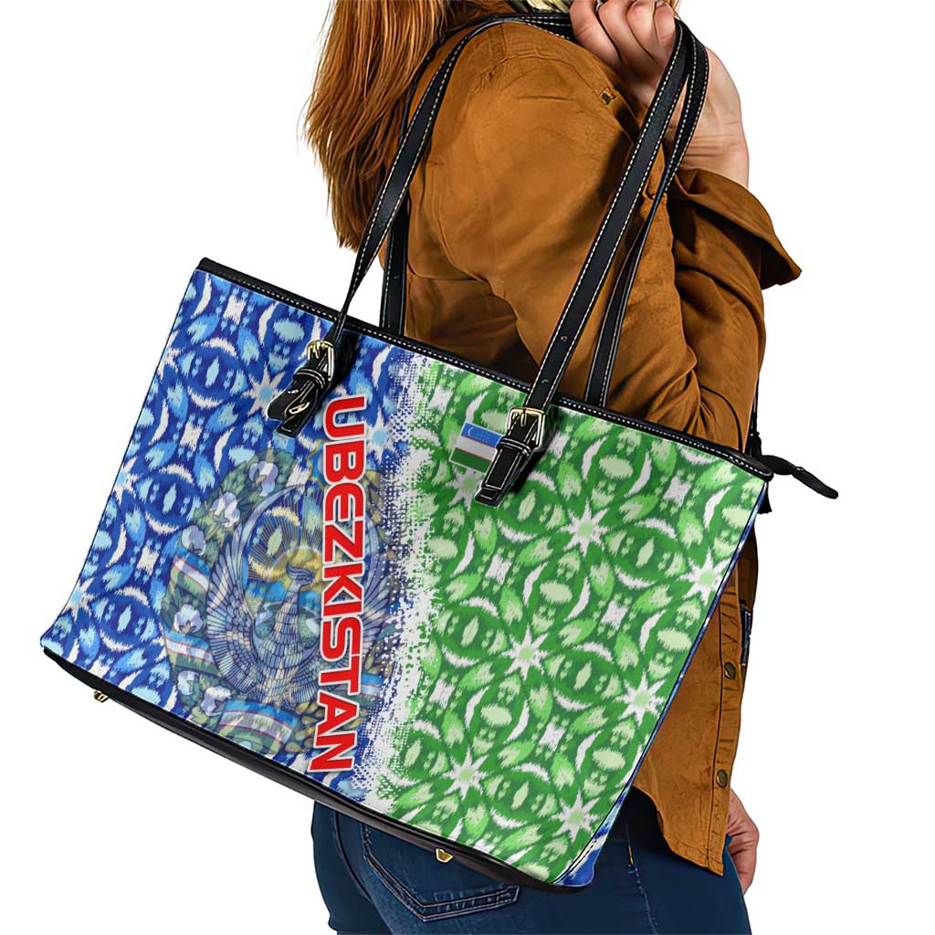 Uzbekistan Leather Tote Bag with Ikat Pattern and National Coat of Arms Design - Wonder Print Shop