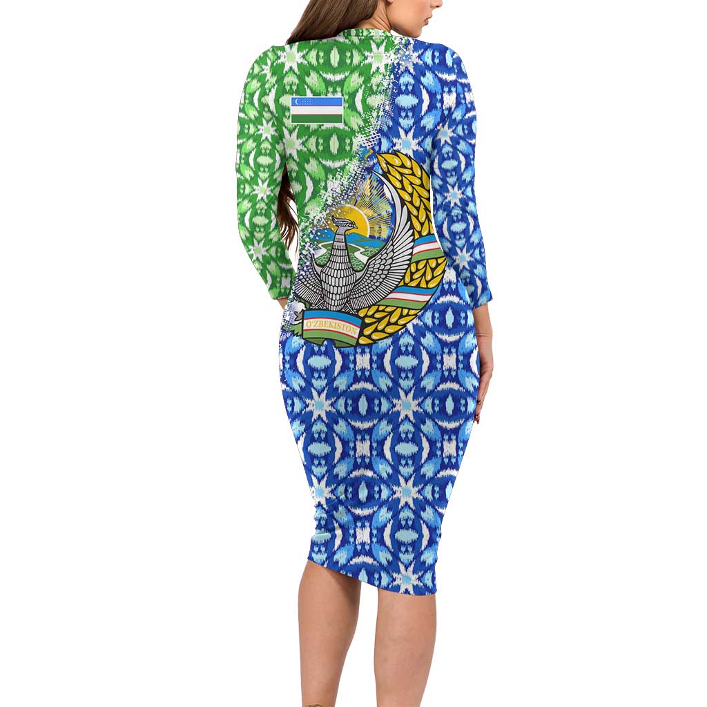 Uzbekistan Long Sleeve Bodycon Dress with Ikat Pattern and National Coat of Arms Design - Wonder Print Shop