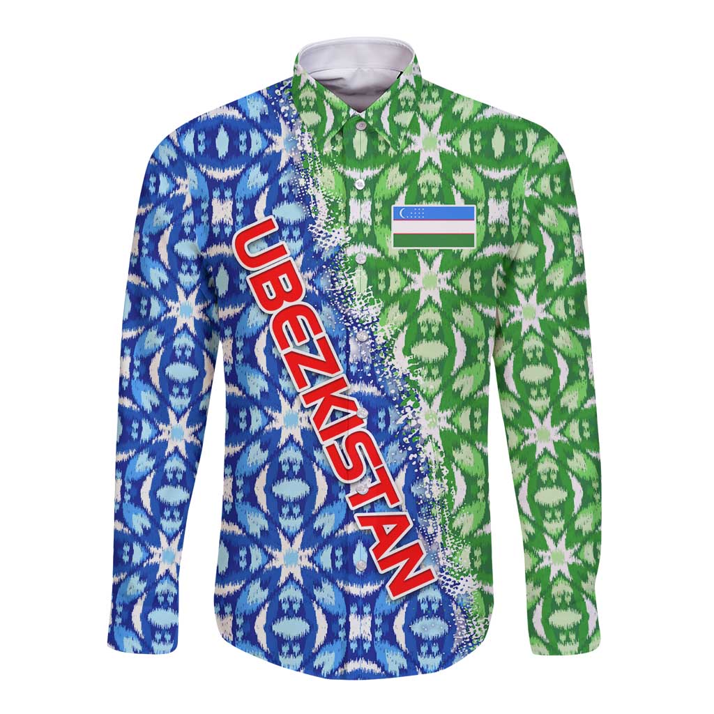 Uzbekistan Long Sleeve Button Shirt with Ikat Pattern and National Coat of Arms Design - Wonder Print Shop