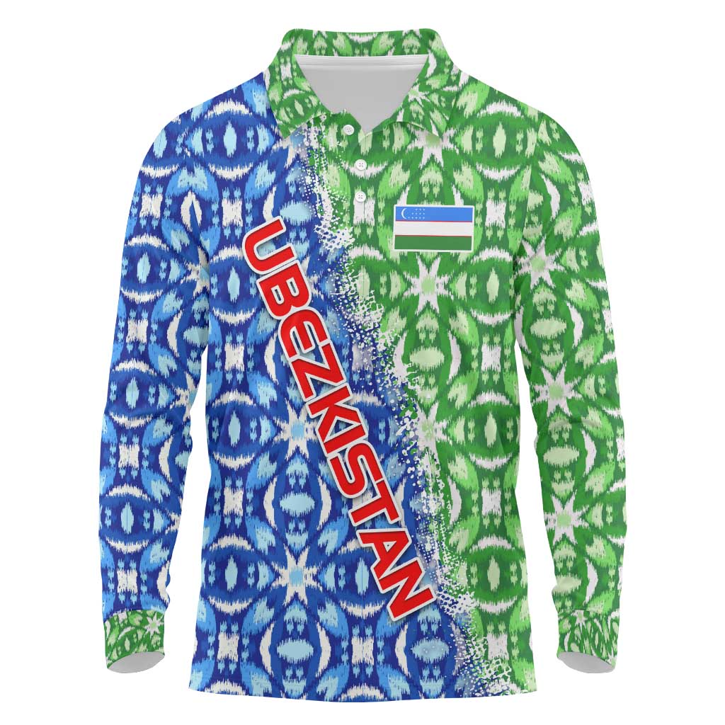 Uzbekistan Long Sleeve Polo Shirt with Ikat Pattern and National Coat of Arms Design - Wonder Print Shop