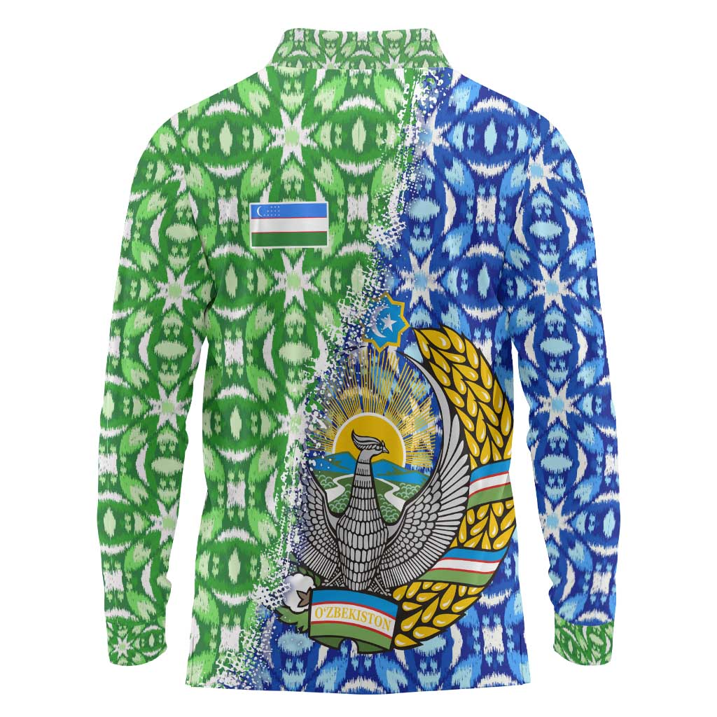 Uzbekistan Long Sleeve Polo Shirt with Ikat Pattern and National Coat of Arms Design - Wonder Print Shop
