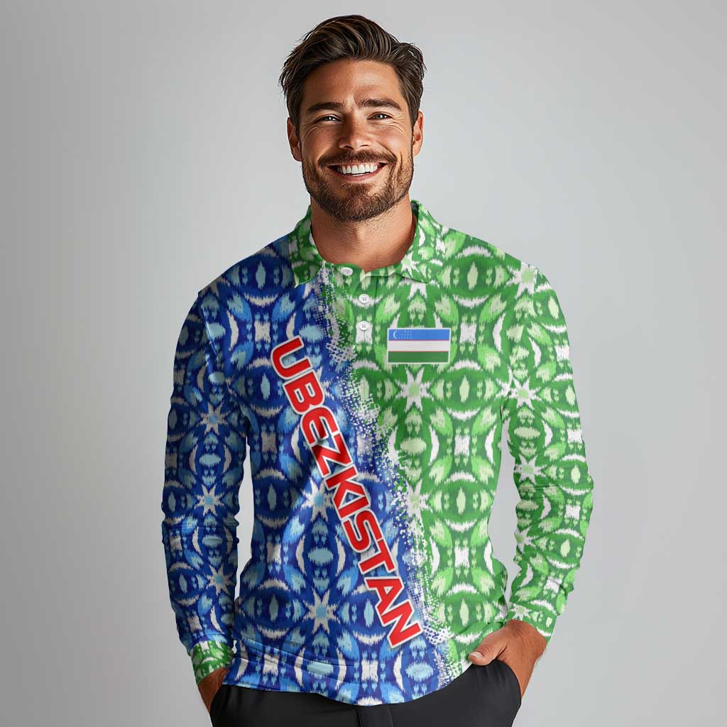Uzbekistan Long Sleeve Polo Shirt with Ikat Pattern and National Coat of Arms Design - Wonder Print Shop