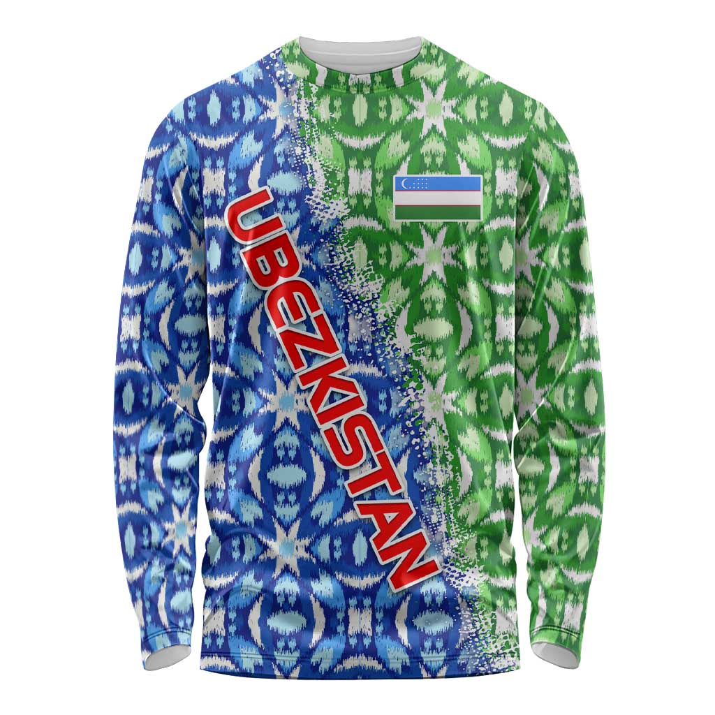 Uzbekistan Long Sleeve Shirt with Ikat Pattern and National Coat of Arms Design - Wonder Print Shop