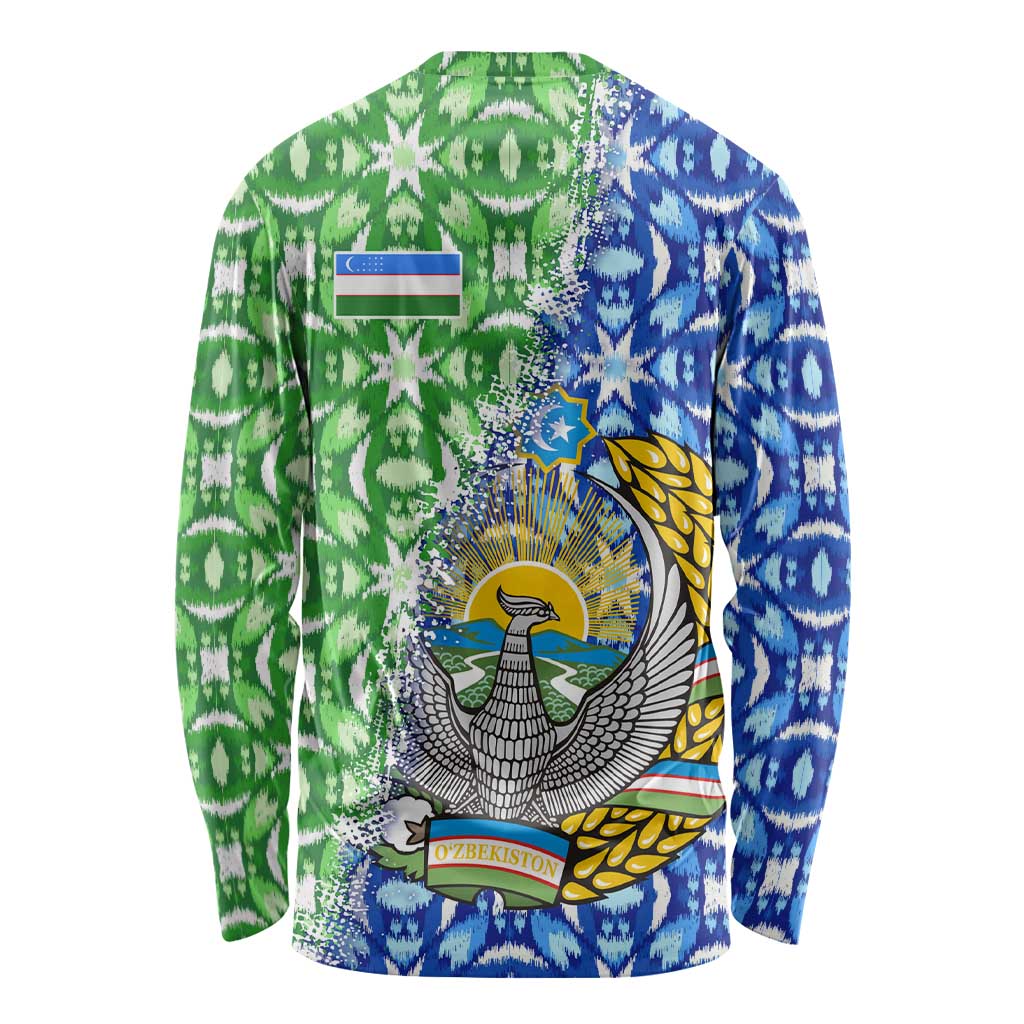 Uzbekistan Long Sleeve Shirt with Ikat Pattern and National Coat of Arms Design - Wonder Print Shop