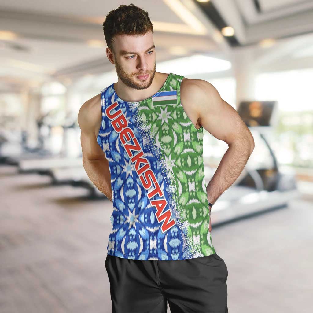Uzbekistan Men Tank Top with Ikat Pattern and National Coat of Arms Design - Wonder Print Shop
