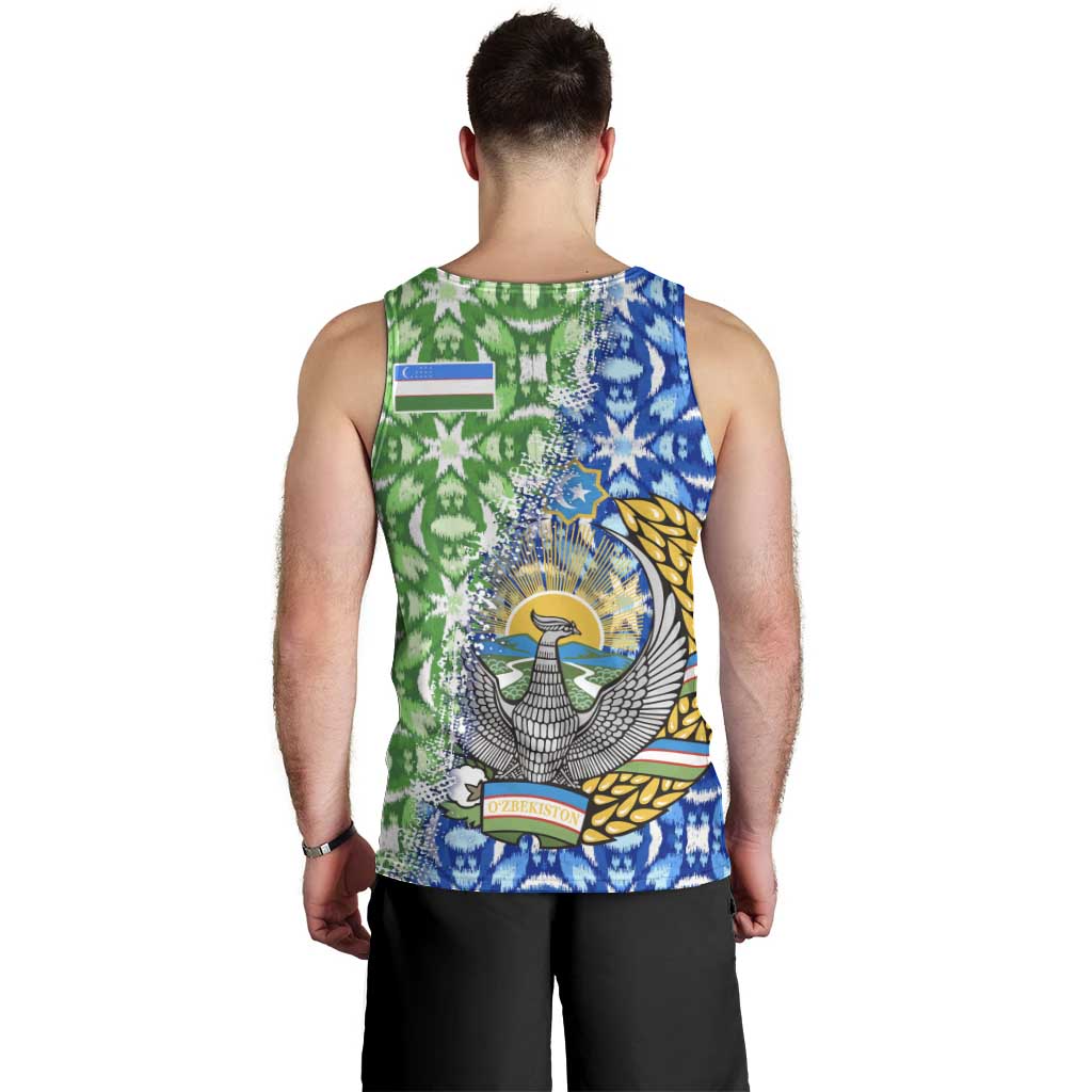 Uzbekistan Men Tank Top with Ikat Pattern and National Coat of Arms Design - Wonder Print Shop
