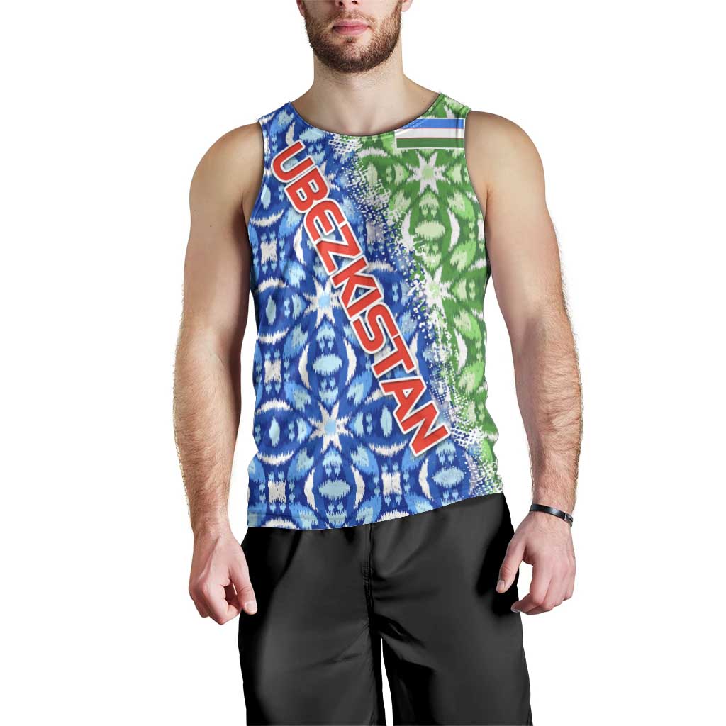 Uzbekistan Men Tank Top with Ikat Pattern and National Coat of Arms Design - Wonder Print Shop