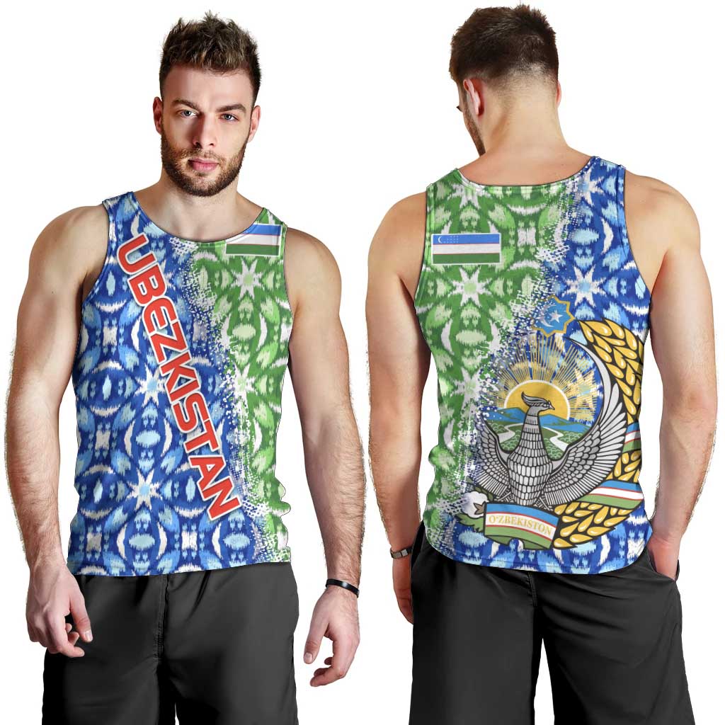 Uzbekistan Men Tank Top with Ikat Pattern and National Coat of Arms Design - Wonder Print Shop