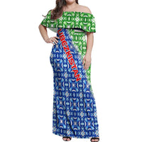 Uzbekistan Off Shoulder Maxi Dress with Ikat Pattern and National Coat of Arms Design - Wonder Print Shop