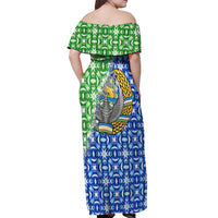 Uzbekistan Off Shoulder Maxi Dress with Ikat Pattern and National Coat of Arms Design - Wonder Print Shop