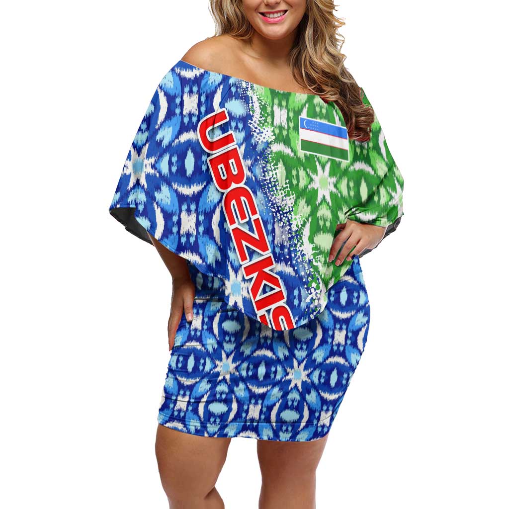Uzbekistan Off Shoulder Short Dress with Ikat Pattern and National Coat of Arms Design - Wonder Print Shop
