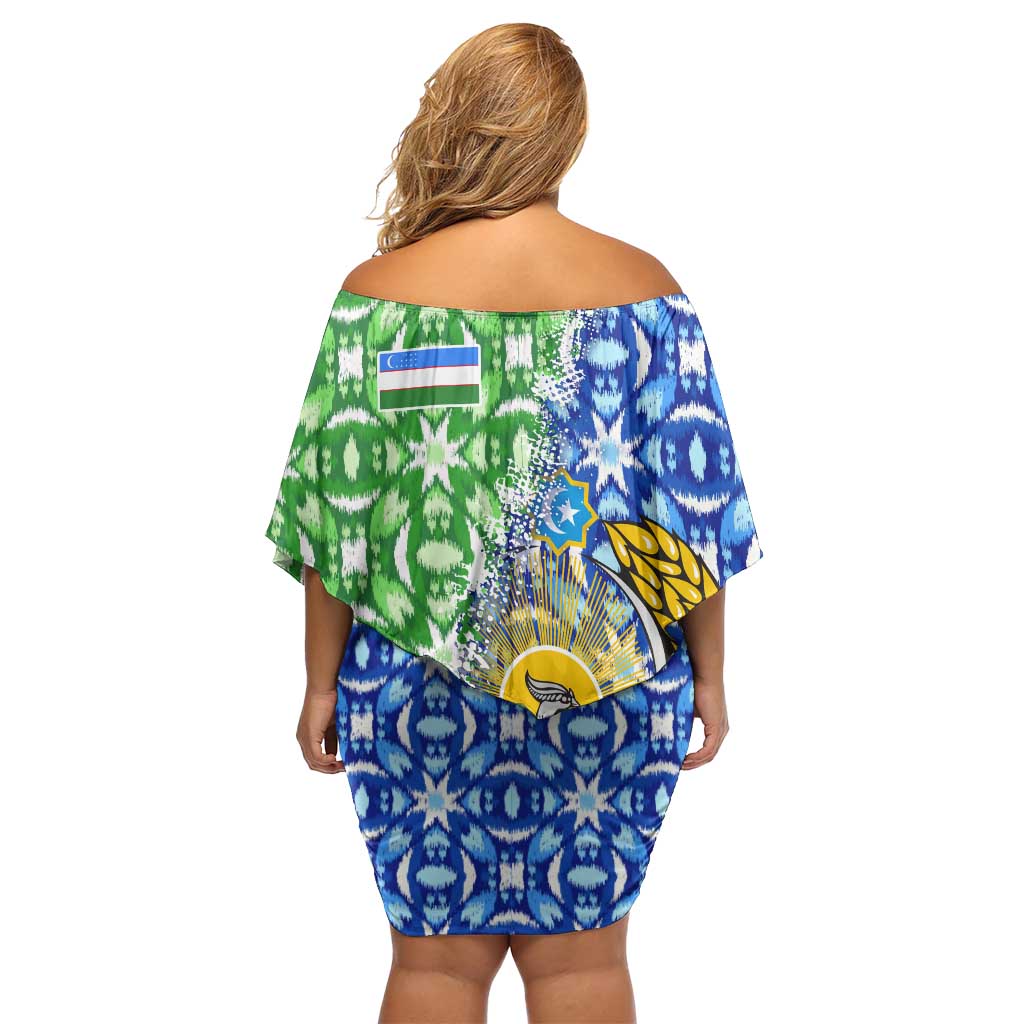 Uzbekistan Off Shoulder Short Dress with Ikat Pattern and National Coat of Arms Design - Wonder Print Shop