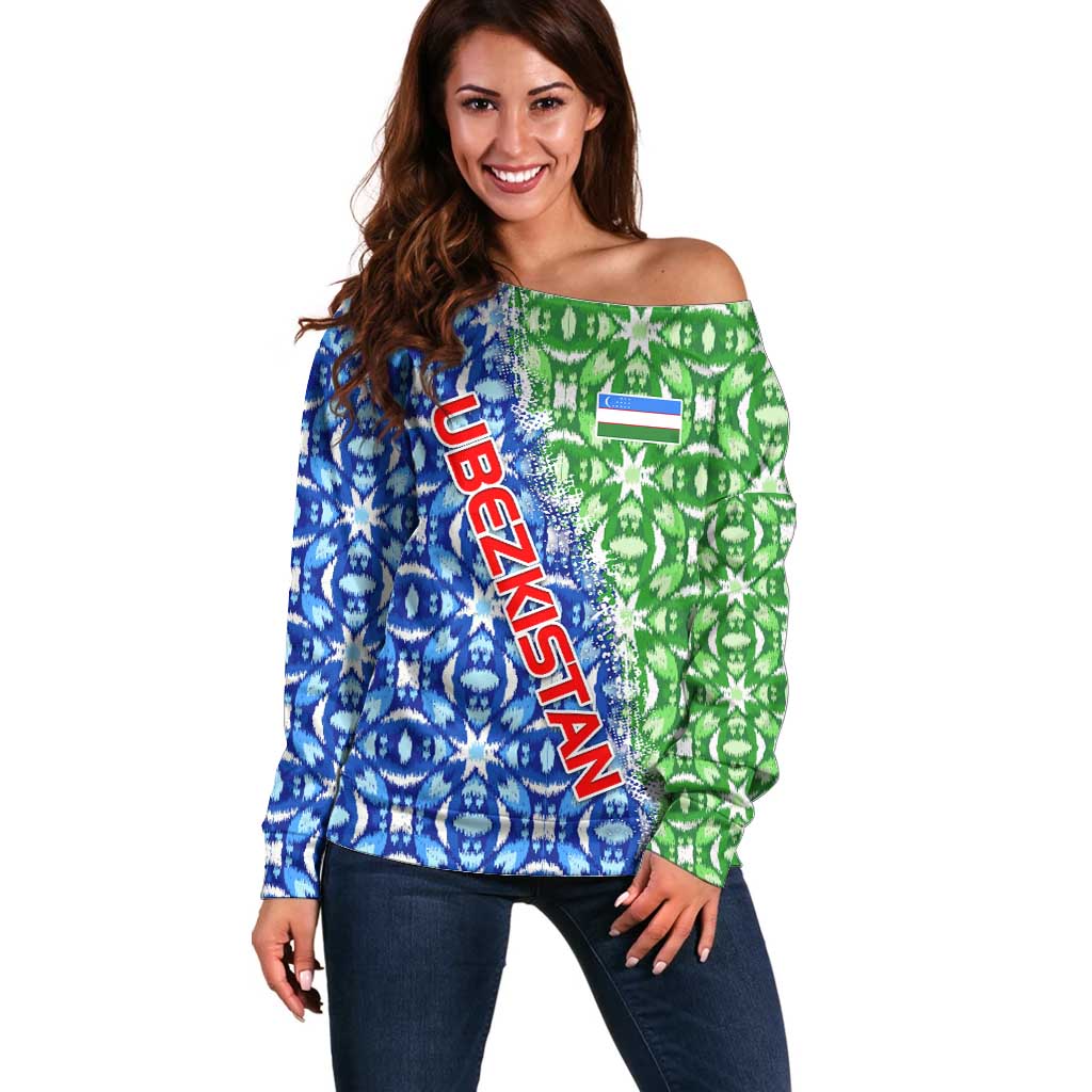 Uzbekistan Off Shoulder Sweater with Ikat Pattern and National Coat of Arms Design - Wonder Print Shop
