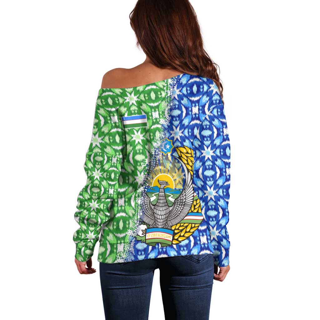 Uzbekistan Off Shoulder Sweater with Ikat Pattern and National Coat of Arms Design - Wonder Print Shop