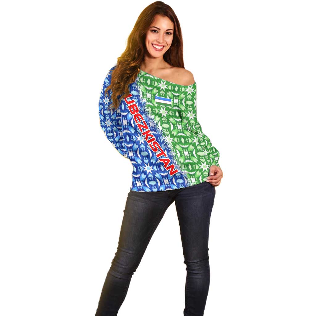 Uzbekistan Off Shoulder Sweater with Ikat Pattern and National Coat of Arms Design - Wonder Print Shop