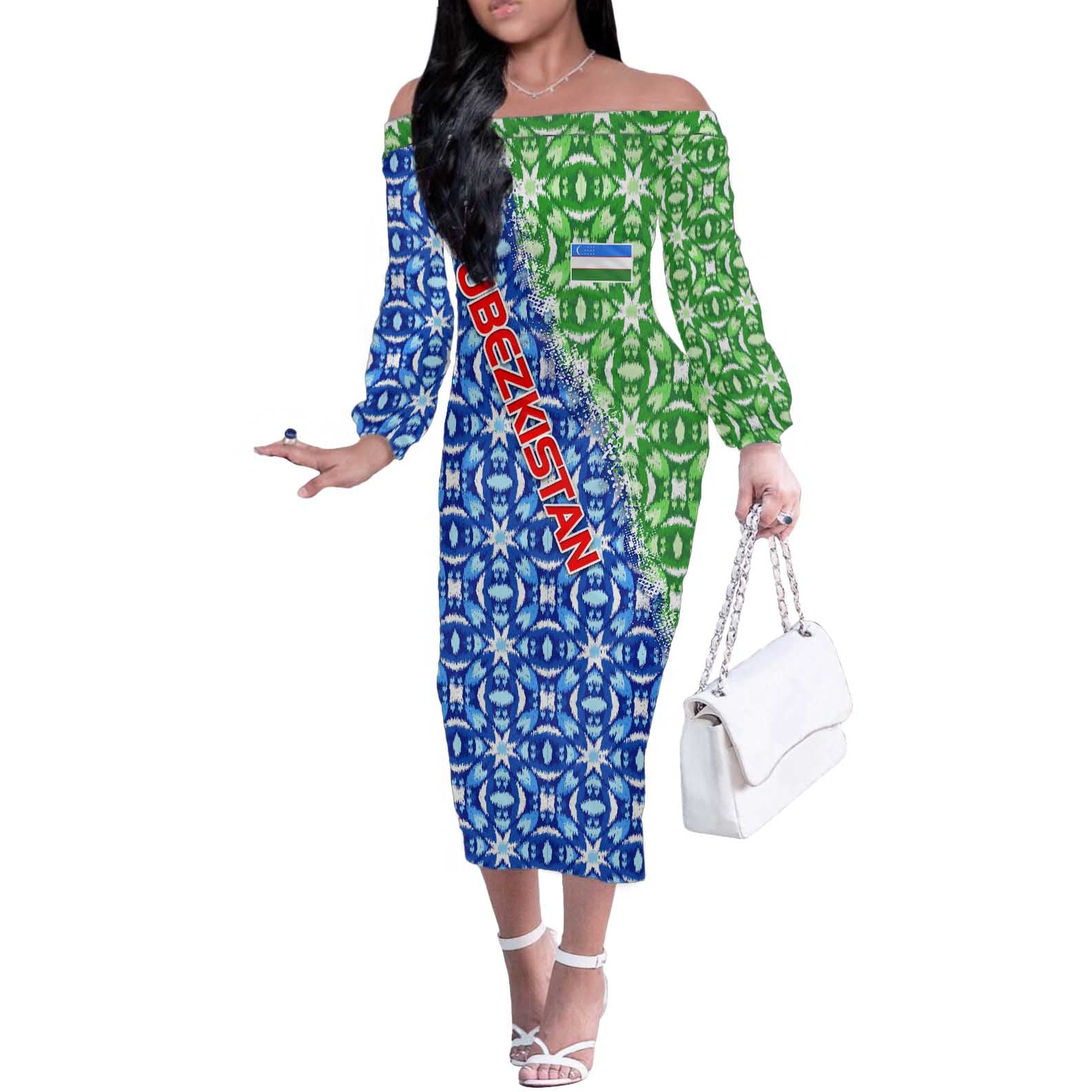 Uzbekistan Off The Shoulder Long Sleeve Dress with Ikat Pattern and National Coat of Arms Design - Wonder Print Shop