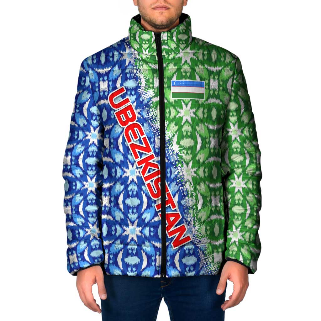 Uzbekistan Padded Jacket with Ikat Pattern and National Coat of Arms Design - Wonder Print Shop