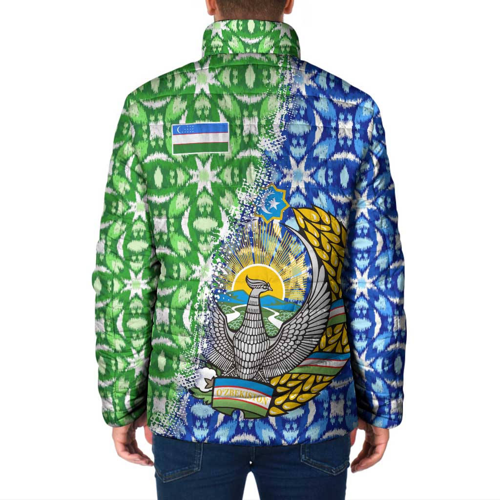 Uzbekistan Padded Jacket with Ikat Pattern and National Coat of Arms Design - Wonder Print Shop