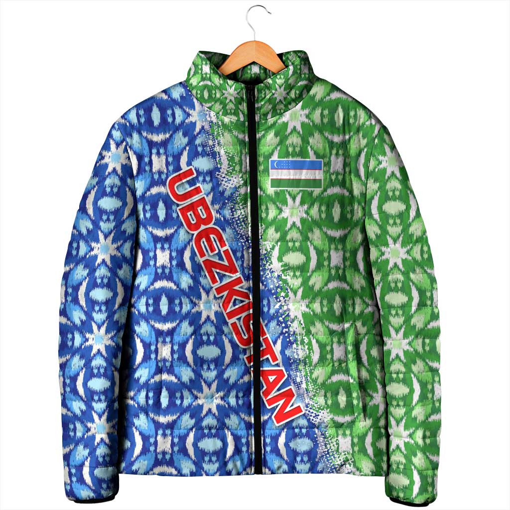 Uzbekistan Padded Jacket with Ikat Pattern and National Coat of Arms Design - Wonder Print Shop