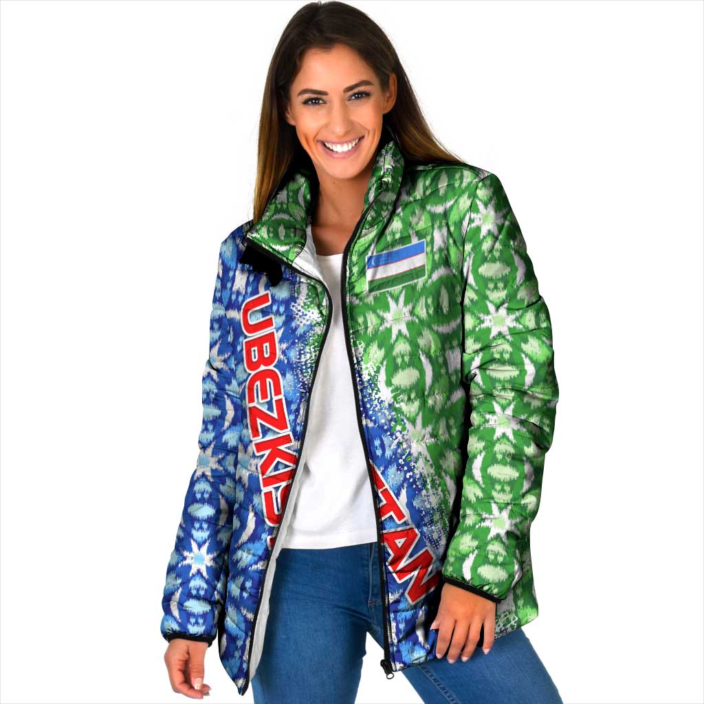 Uzbekistan Padded Jacket with Ikat Pattern and National Coat of Arms Design - Wonder Print Shop