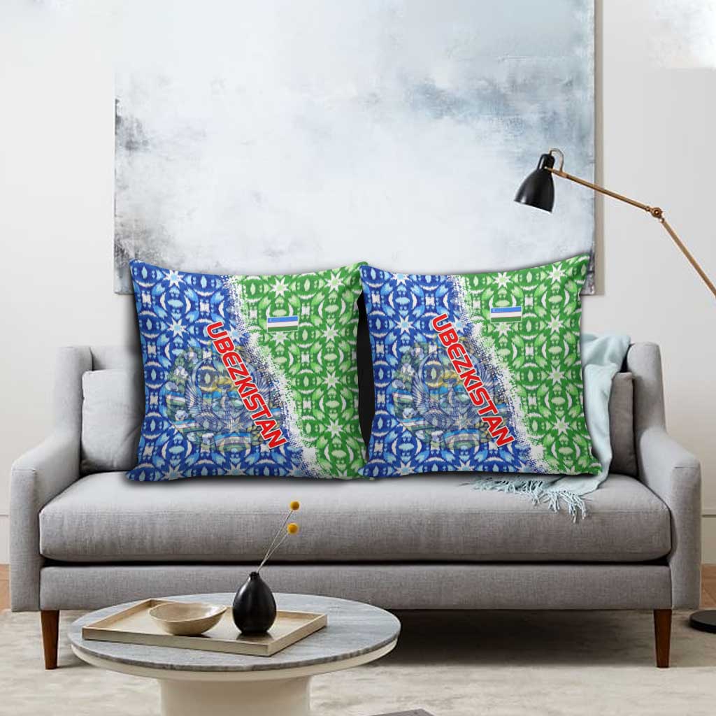 Uzbekistan Pillow Cover with Ikat Pattern and National Coat of Arms Design - Wonder Print Shop