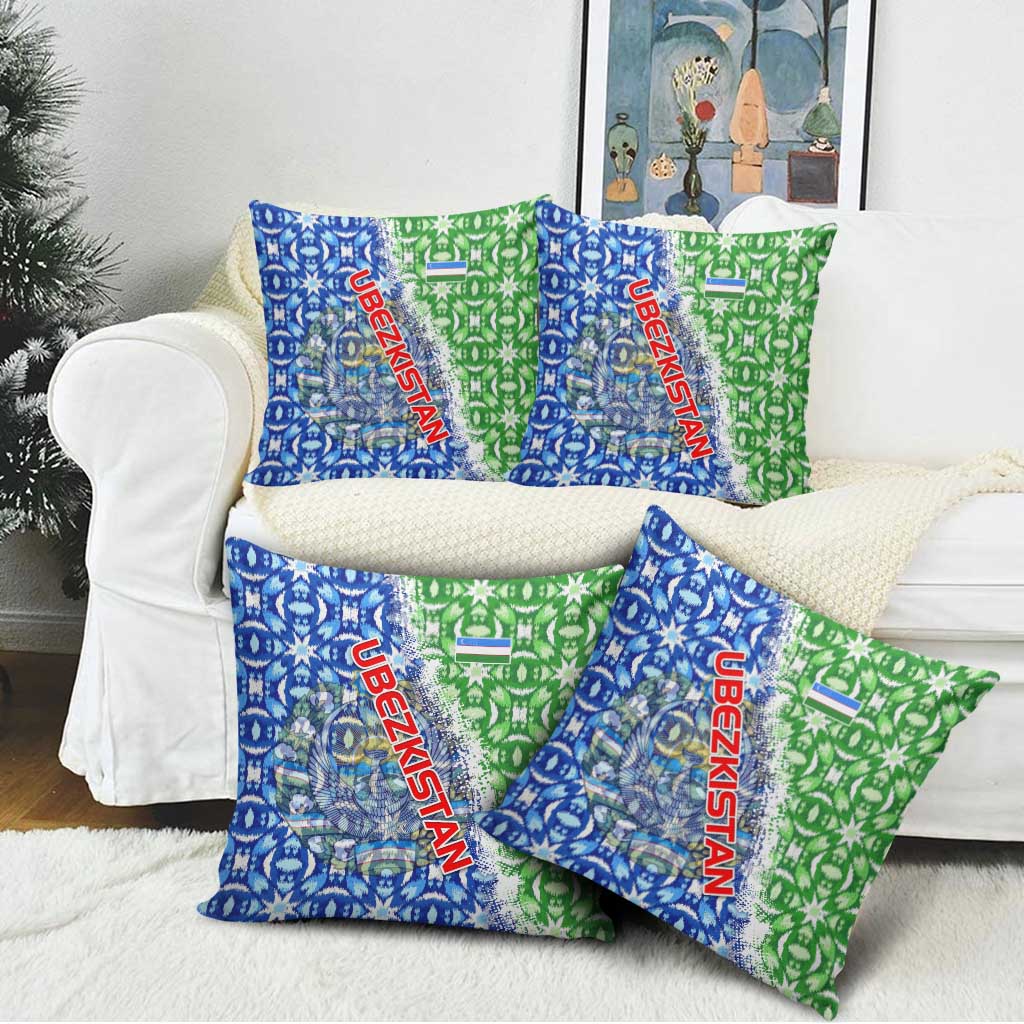 Uzbekistan Pillow Cover with Ikat Pattern and National Coat of Arms Design - Wonder Print Shop
