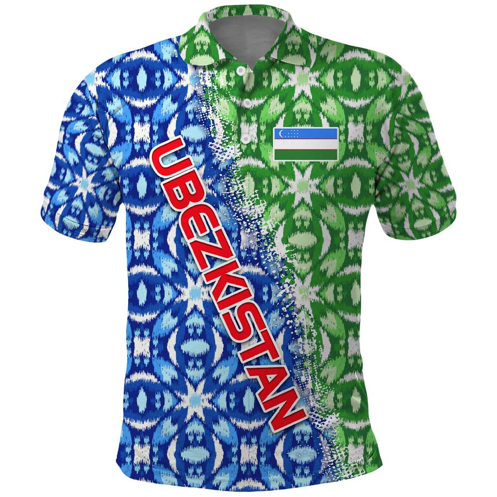 Uzbekistan Polo Shirt with Ikat Pattern and National Coat of Arms Design - Wonder Print Shop