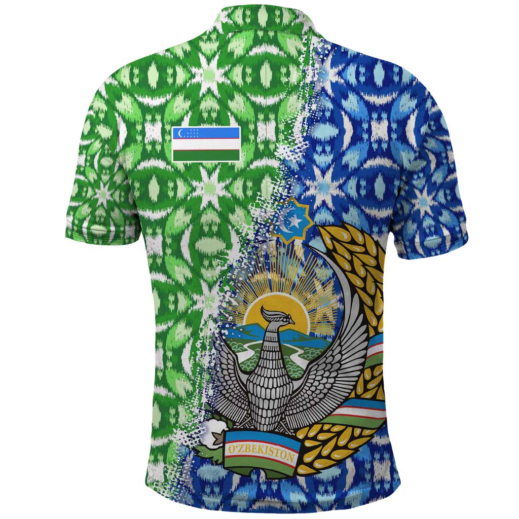 Uzbekistan Polo Shirt with Ikat Pattern and National Coat of Arms Design - Wonder Print Shop
