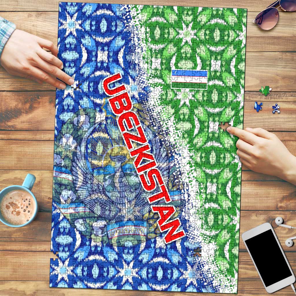 Uzbekistan Puzzle with Ikat Pattern and National Coat of Arms Design - Wonder Print Shop