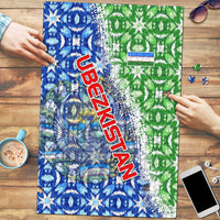 Uzbekistan Puzzle with Ikat Pattern and National Coat of Arms Design - Wonder Print Shop