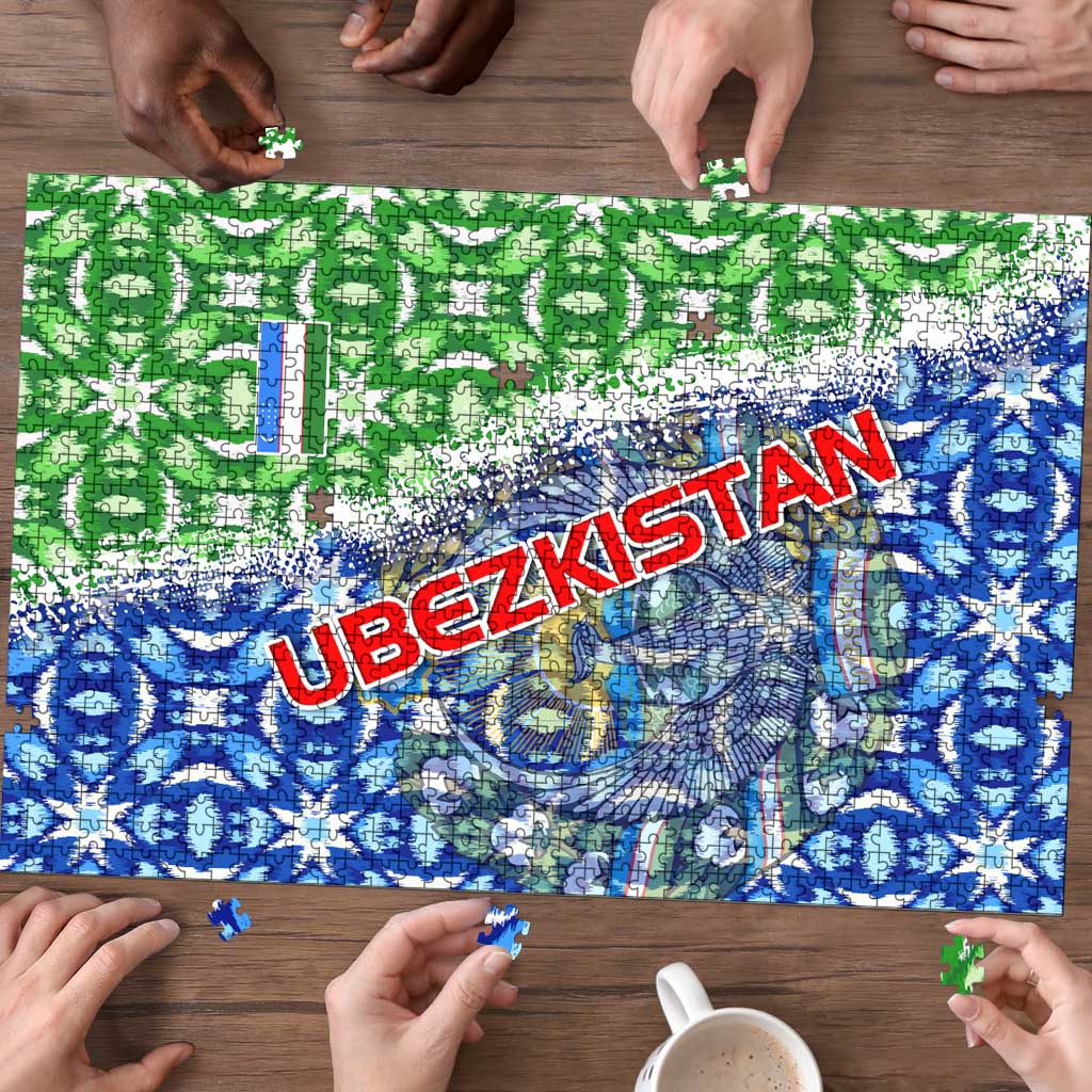Uzbekistan Puzzle with Ikat Pattern and National Coat of Arms Design - Wonder Print Shop