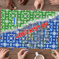 Uzbekistan Puzzle with Ikat Pattern and National Coat of Arms Design - Wonder Print Shop
