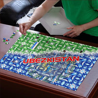 Uzbekistan Puzzle with Ikat Pattern and National Coat of Arms Design - Wonder Print Shop