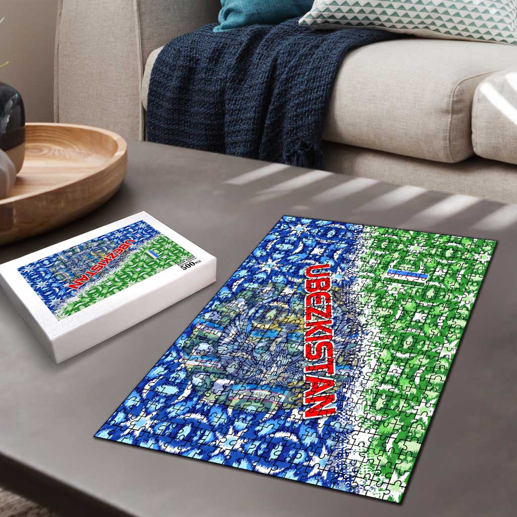 Uzbekistan Puzzle with Ikat Pattern and National Coat of Arms Design - Wonder Print Shop