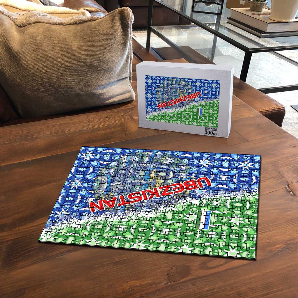 Uzbekistan Puzzle with Ikat Pattern and National Coat of Arms Design - Wonder Print Shop