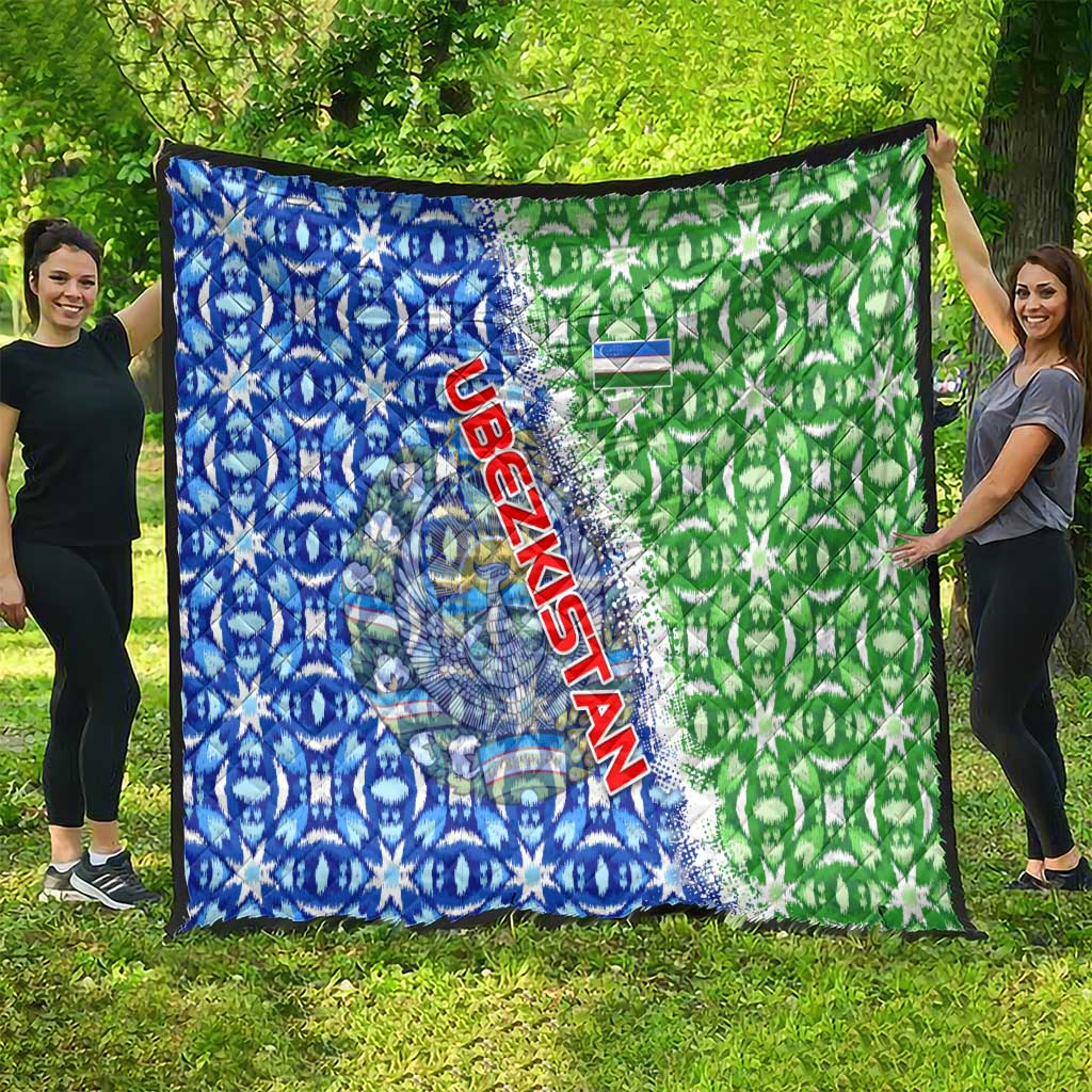 Uzbekistan Quilt with Ikat Pattern and National Coat of Arms Design - Wonder Print Shop