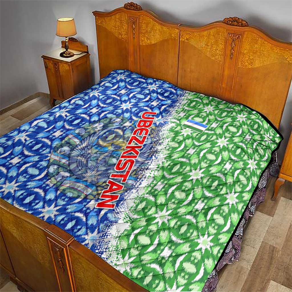 Uzbekistan Quilt with Ikat Pattern and National Coat of Arms Design - Wonder Print Shop