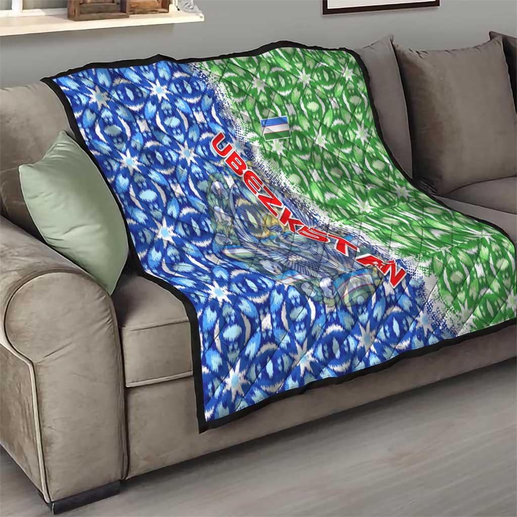 Uzbekistan Quilt with Ikat Pattern and National Coat of Arms Design - Wonder Print Shop
