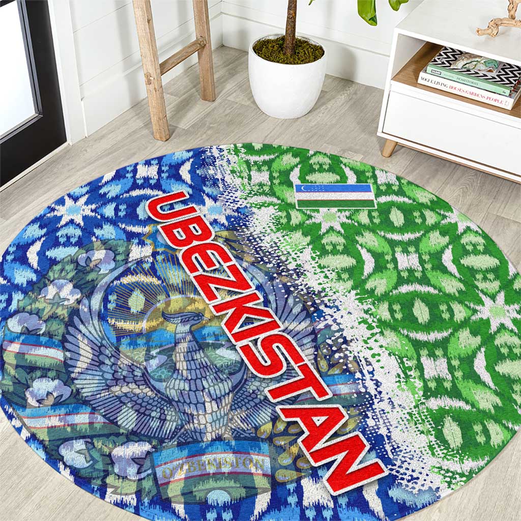 Uzbekistan Round Carpet with Ikat Pattern and National Coat of Arms Design - Wonder Print Shop