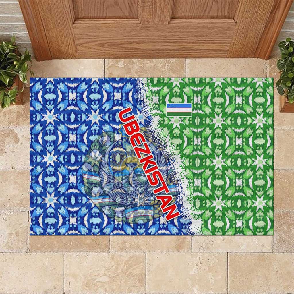 Uzbekistan Rubber Doormat with Ikat Pattern and National Coat of Arms Design - Wonder Print Shop