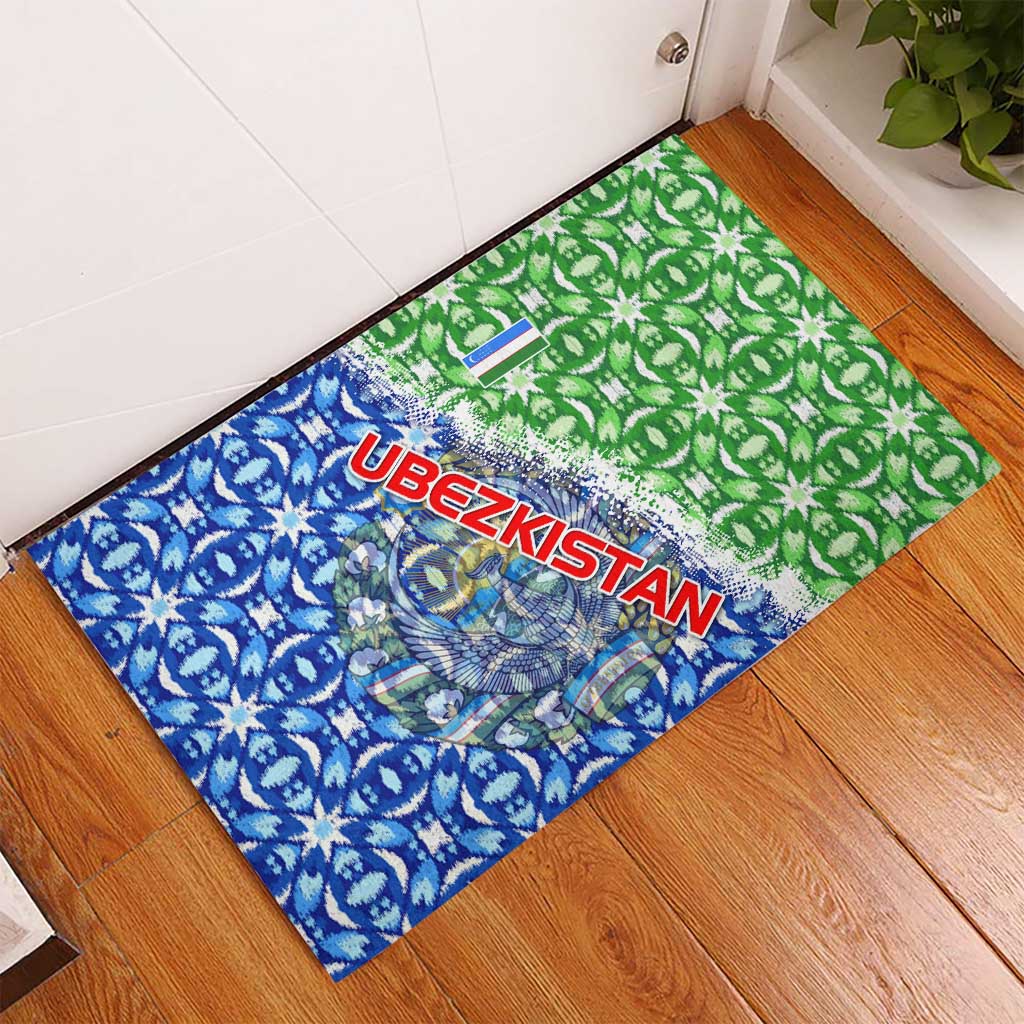 Uzbekistan Rubber Doormat with Ikat Pattern and National Coat of Arms Design - Wonder Print Shop